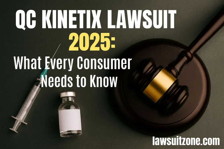 avel, medical syringe, and vial placed on dark background with text QC Kinetix Lawsuit 2025: What Every Consumer Needs to Know.