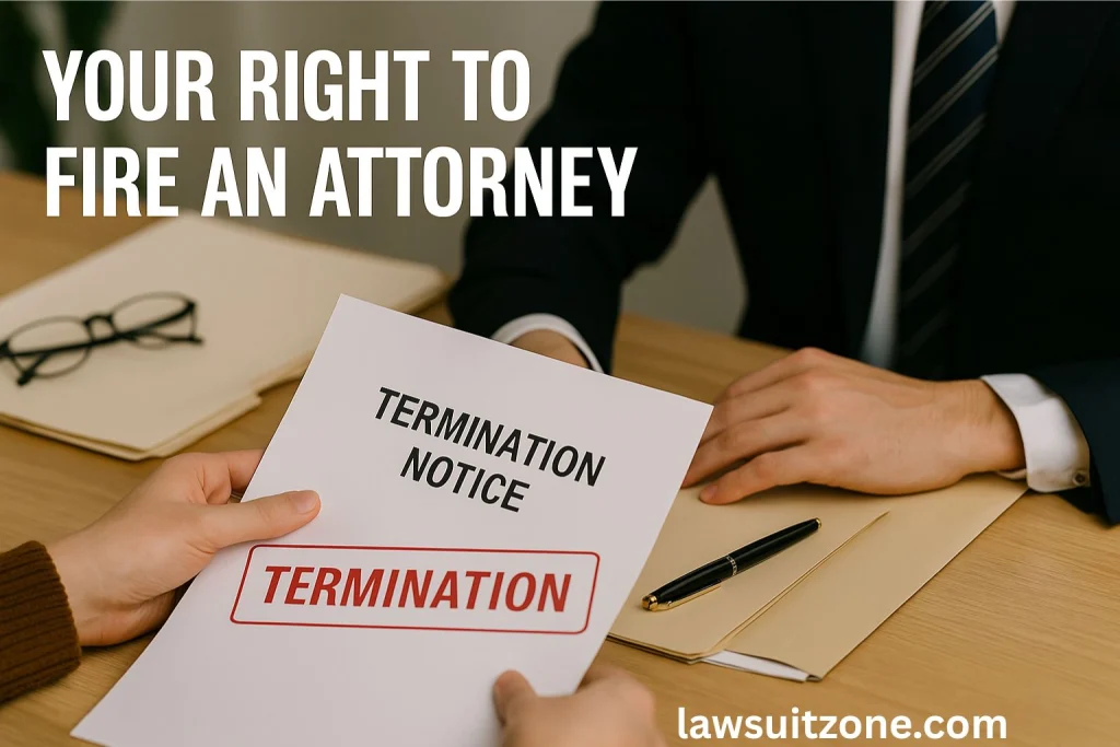 A professional office setting with legal documents and a pen on the table, symbolizing a client’s legal right to fire their attorney and take control of their case.