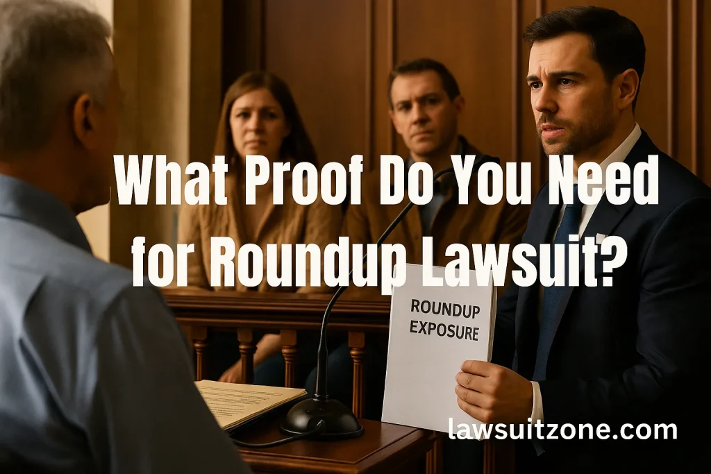 Attorney presenting evidence labeled Roundup Exposure during a courtroom testimony, highlighting the importance of exposure proof in lawsuits, branded with lawsuitzone.com.