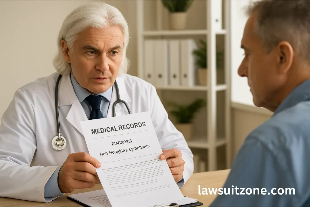 Doctor showing medical records with a cancer diagnosis to a concerned patient, symbolizing medical proof needed in Roundup lawsuits, branded with lawsuitzone.com.