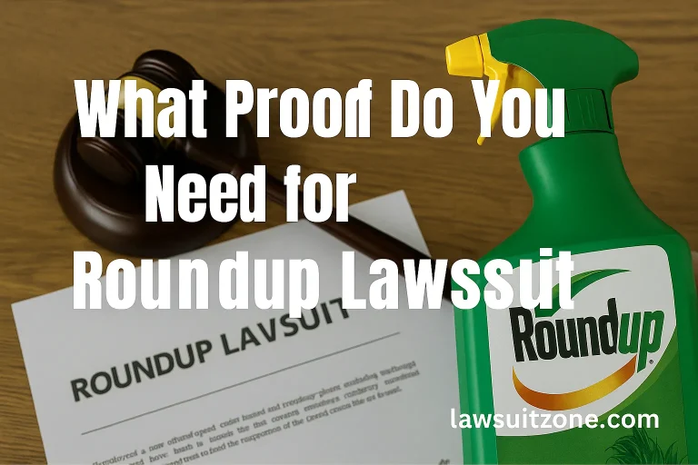 Gavel, Roundup bottle, and legal documents titled Roundup Lawsuit, symbolizing the need for strong evidence in litigation, branded with lawsuitzone.com.