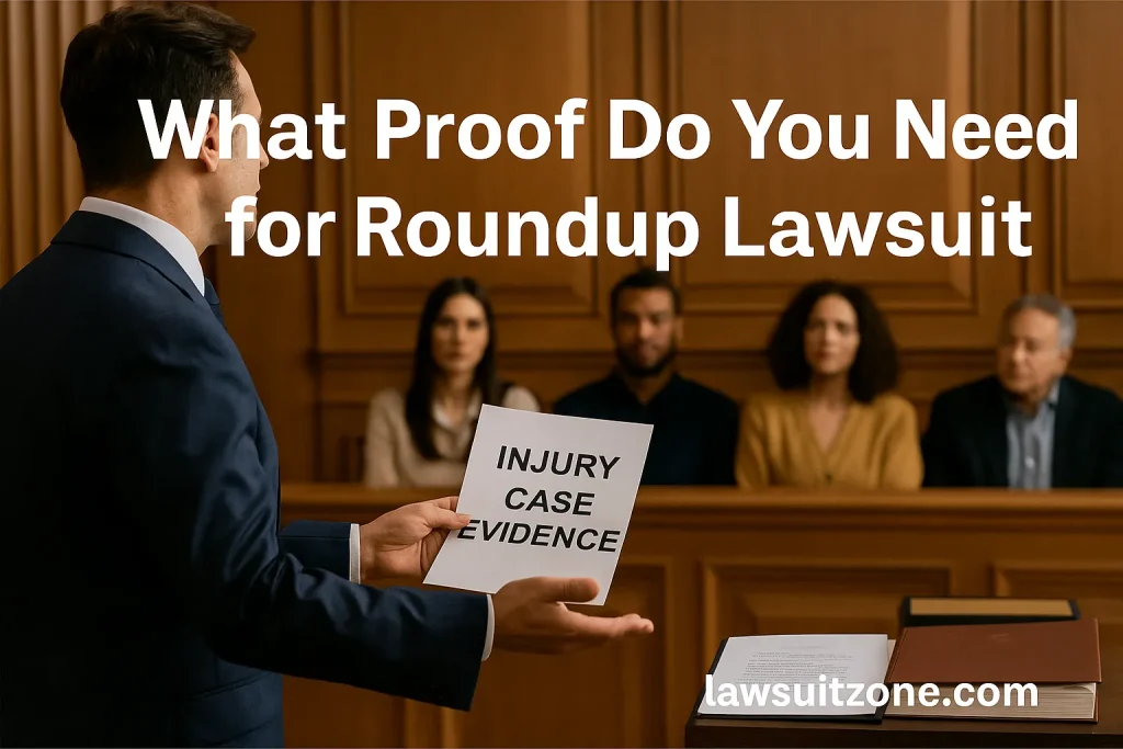 Attorney presenting injury case evidence in a courtroom before a jury, symbolizing proof required for Roundup lawsuit settlements, branded with lawsuitzone.com.