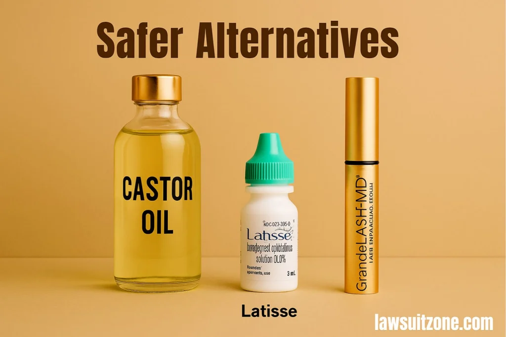 Castor oil bottle, prescription Latisse, and Grande Lash serum displayed together, highlighting safer lash care options.