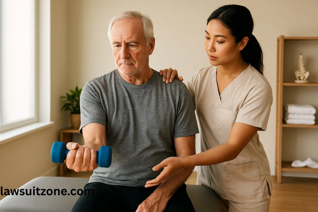 Older man performing physical therapy exercises with the help of a therapist in a modern clinic, representing safe and effective alternatives to QC Kinetix treatments.