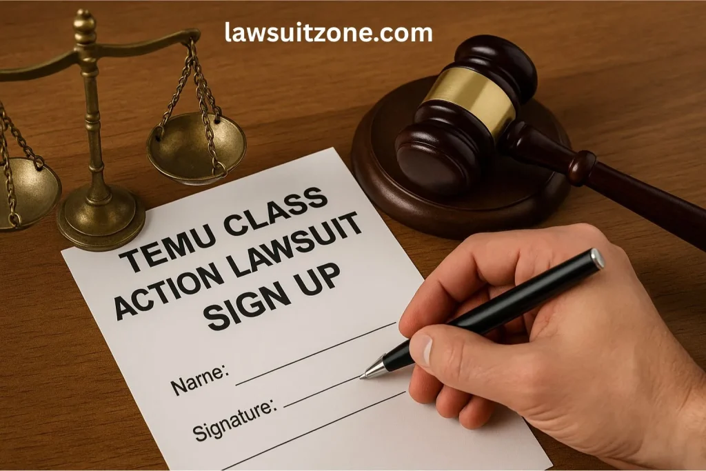 Hand holding a pen signing Temu class action lawsuit sign up form with gavel and justice scales on desk