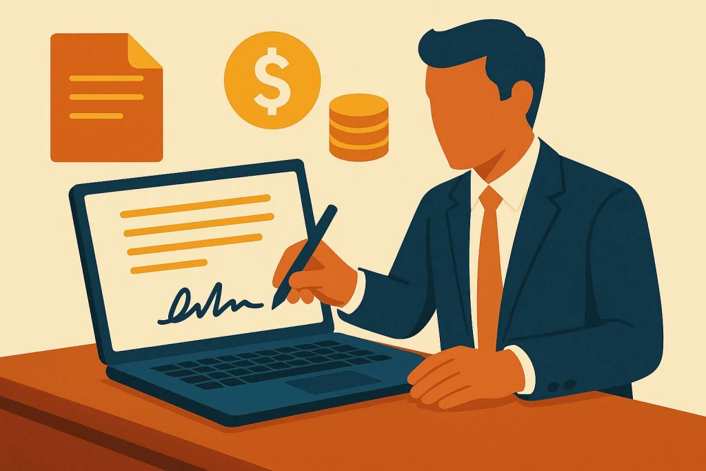 A man signing the deal on laptop