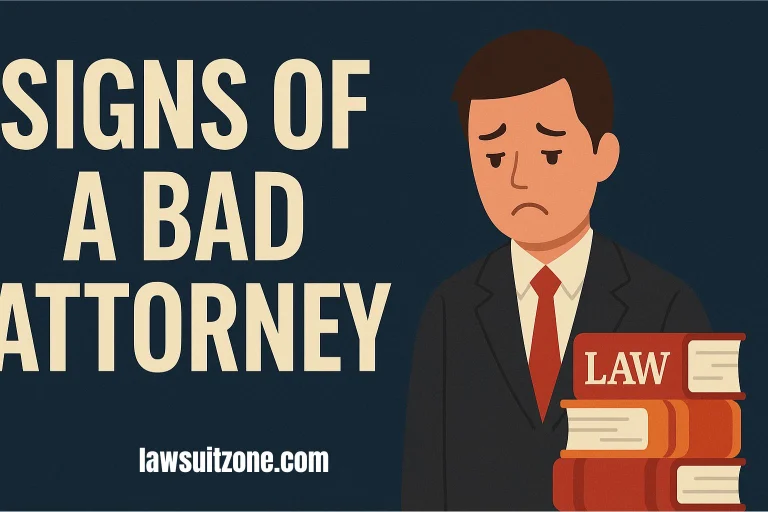 Illustration of a sad lawyer in a suit standing beside law books with text “Signs of a Bad Attorney.