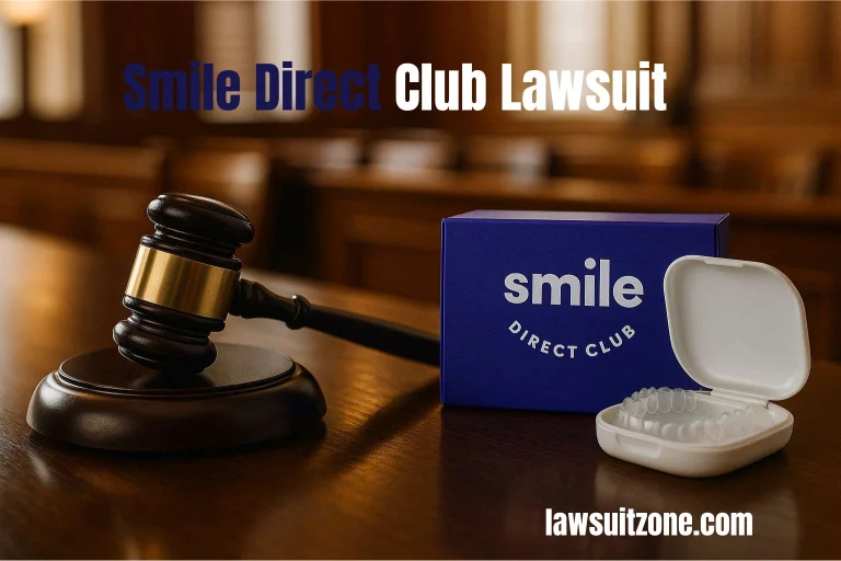 Smile Direct Club lawsuit 2025 – courtroom gavel with dental aligner kit, symbolizing legal disputes in orthodontics.