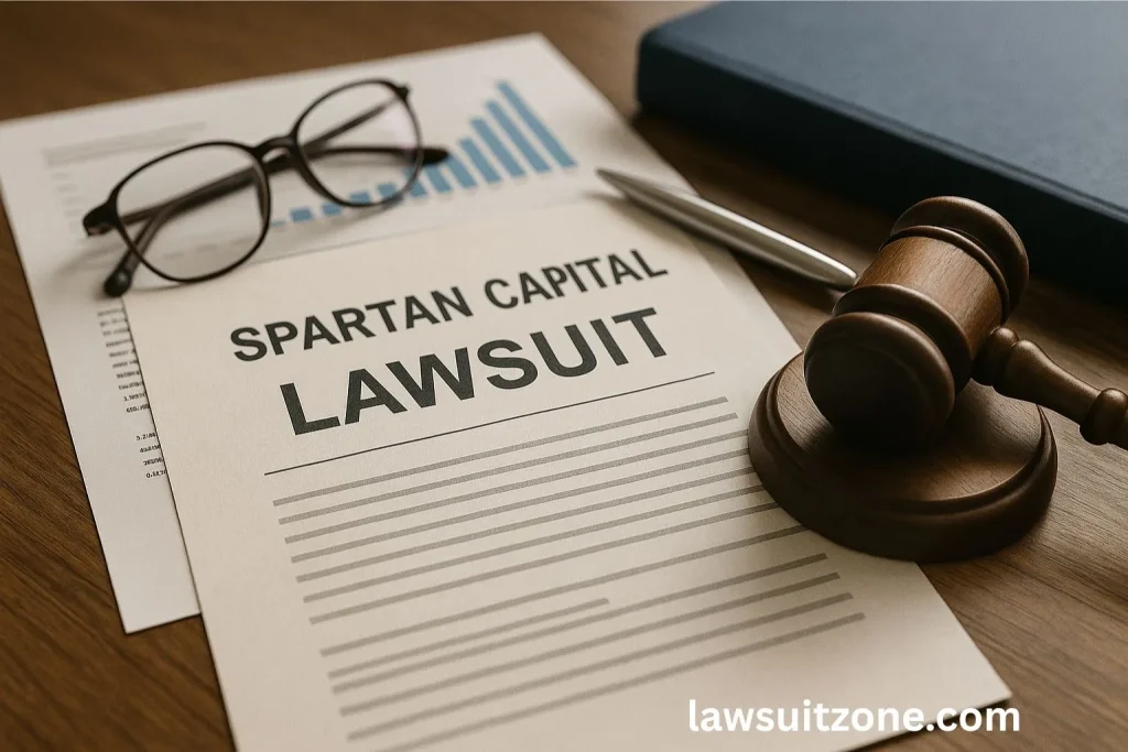 Realistic photo of a lawsuit document labeled “Spartan Capital Lawsuit” placed on financial charts, with a judge’s gavel, glasses, and pen on a wooden desk, symbolizing financial and legal issues.