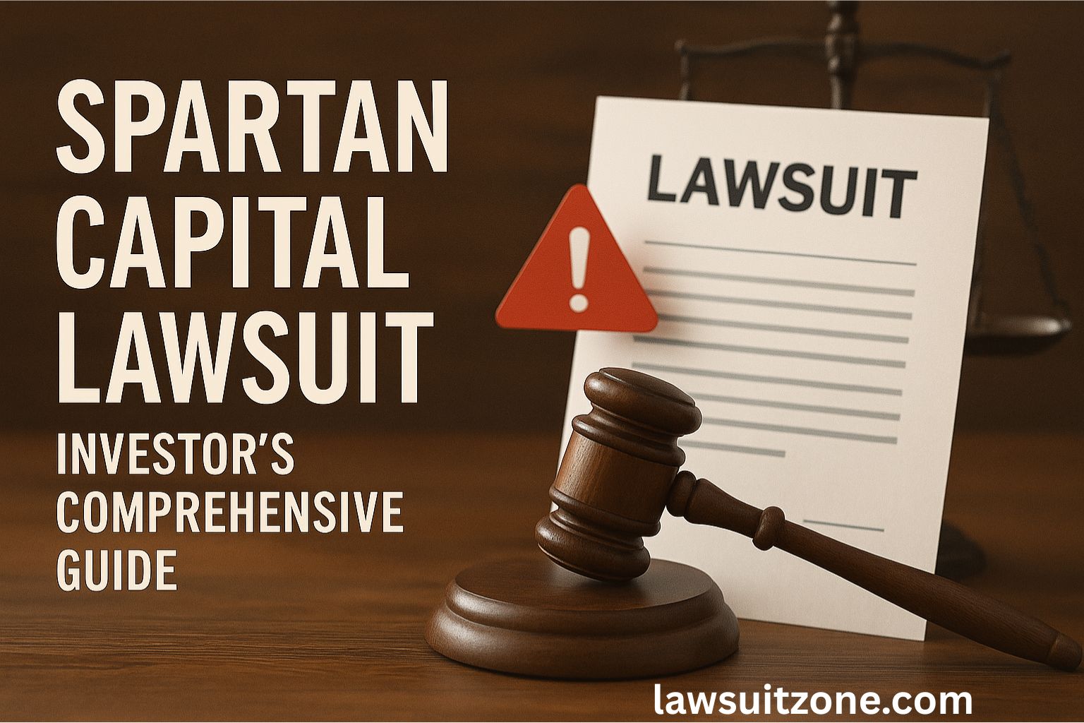 Realistic photo showing a judge’s gavel, lawsuit document, and warning sign with bold text “Spartan Capital Lawsuit – Investor’s Comprehensive Guide,” symbolizing legal action against the firm.