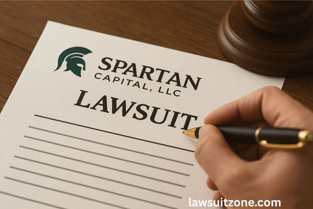 Realistic close-up photo of a hand signing a legal document titled “Spartan Capital LLC Lawsuit,” with a judge’s gavel on the desk, symbolizing legal action.