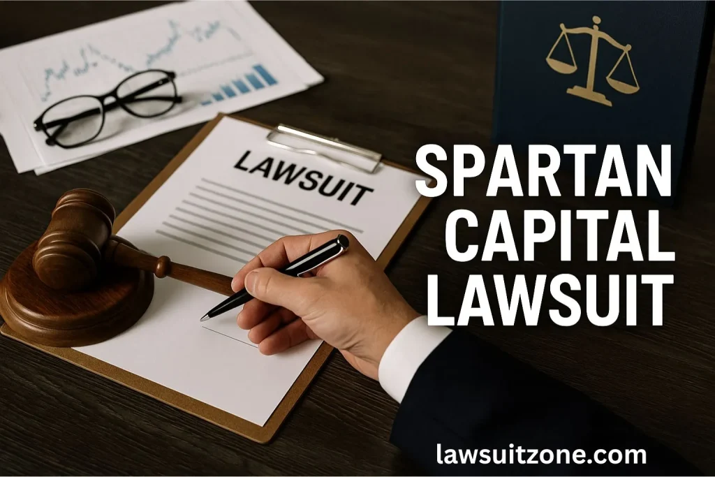 Realistic photo of a hand signing a lawsuit document labeled “Spartan Capital Lawsuit,” with a judge’s gavel, financial charts, and law book on the desk, symbolizing legal proceedings.