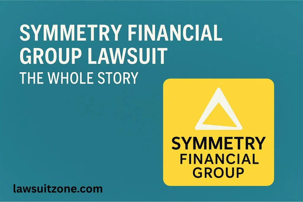 Illustration of a courthouse gavel, legal documents, and financial charts symbolizing the Symmetry Financial Group lawsuit.