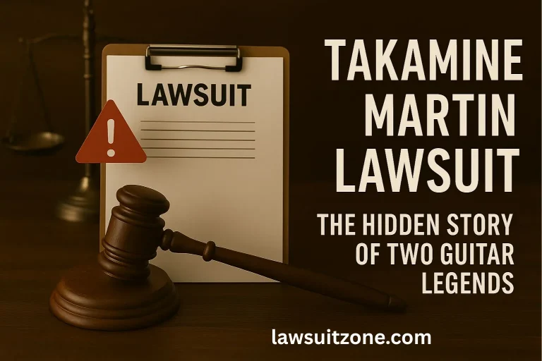 Realistic photo showing a judge’s gavel, legal documents titled “Takamine vs Martin Lawsuit,” and an acoustic guitar on a courtroom desk.