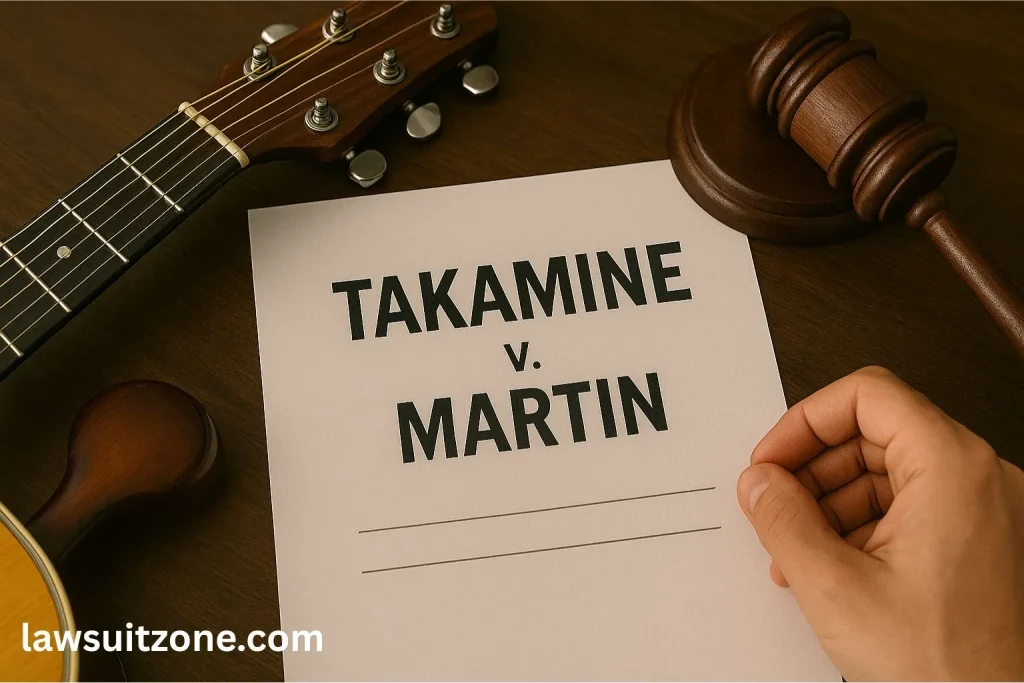 Realistic photo of a legal document titled “Takamine v. Martin” placed on a wooden desk alongside a guitar headstock, a judge’s gavel, and a hand holding the paper.