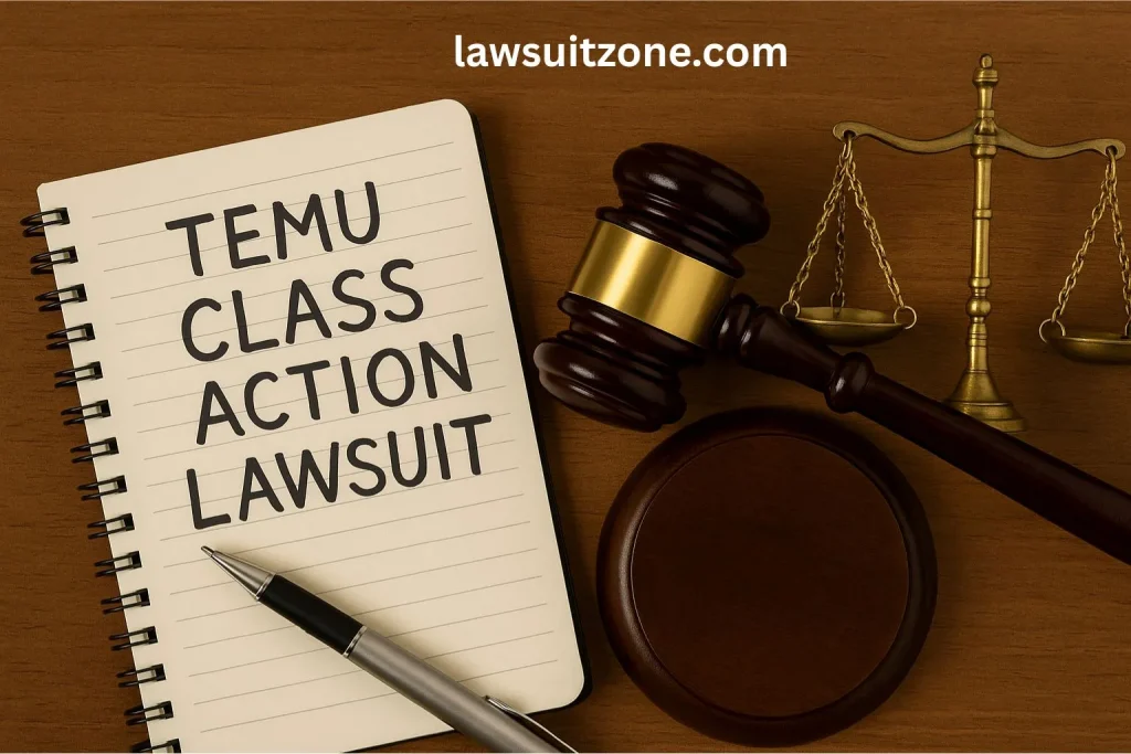 Notepad with Temu Class Action Lawsuit written, gavel, scales of justice, and pen on a wooden desk