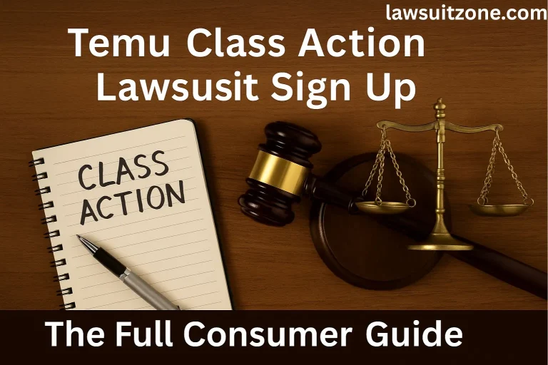 Gavel, scales of justice, and notepad with “Class Action” text symbolizing Temu class action lawsuit sign up guide