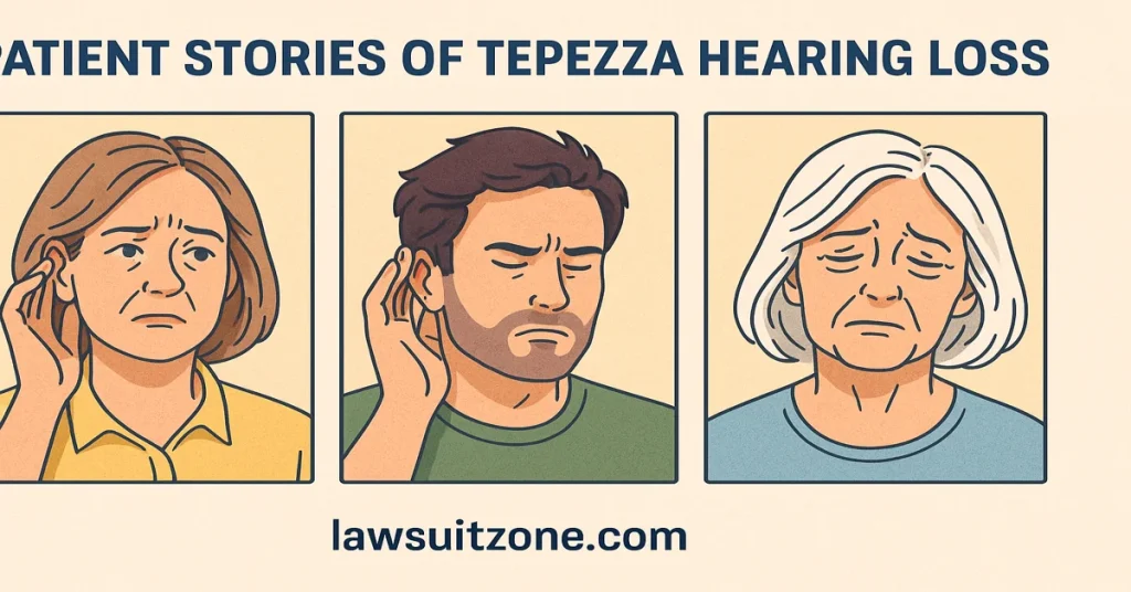 Infographic with portraits of patients experiencing hearing loss from Tepezza, symbolizing the human impact behind the lawsuits. Branded with lawsuitzone.com.