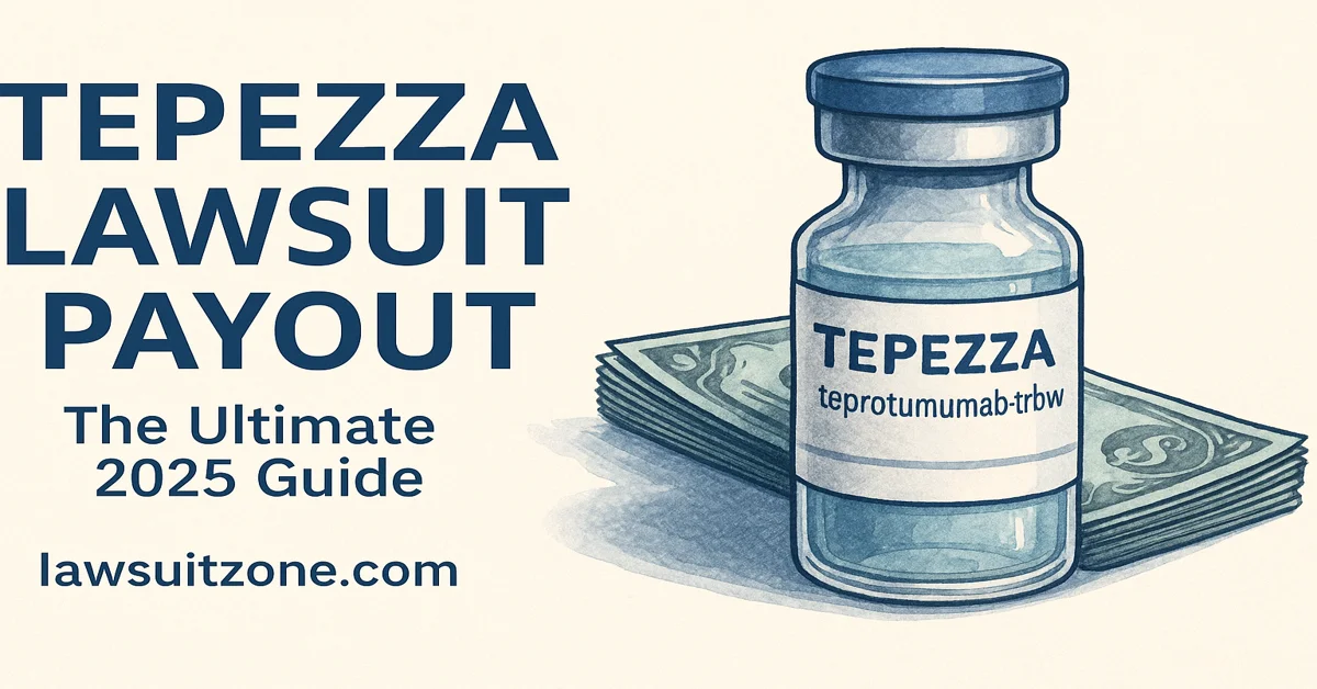 Illustration of a Tepezza vial with money stack and bold title text “Tepezza Lawsuit Payout – The Ultimate 2025 Guide” branded with lawsuitzone.com.