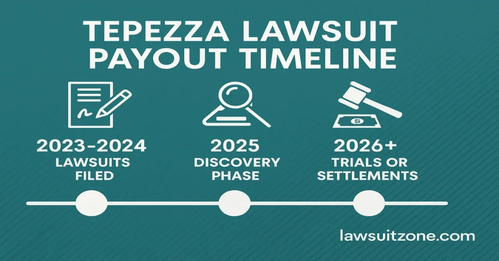 Infographic timeline of Tepezza lawsuits showing lawsuits filed (2023–2024), discovery phase (2025), and trials or settlements (2026+). Branded with lawsuitzone.com.