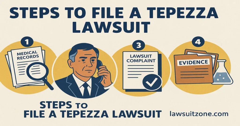 Infographic showing steps to file a Tepezza lawsuit: gather medical records, consult a lawyer, file a lawsuit complaint, and provide evidence. Branded with lawsuitzone.com.