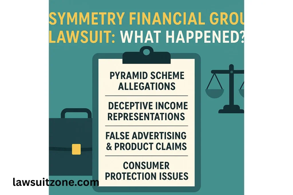 Infographic with a clipboard listing allegations in the Symmetry Financial Group lawsuit: pyramid scheme, deceptive income representations, false advertising, and consumer protection issues, alongside icons of a briefcase and scales of justice.