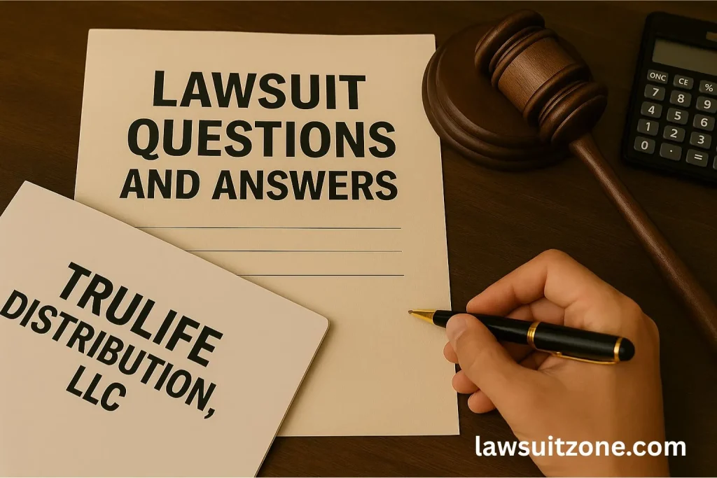 Realistic photo showing legal documents titled “Trulife Distribution, LLC” and “Lawsuit Questions and Answers,” placed beside a gavel and a hand holding a pen, symbolizing FAQs and clarifications about the Trulife Distribution lawsuit.