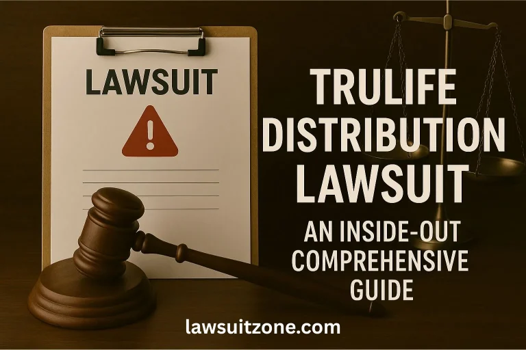 Realistic feature image showing a lawsuit document with a red warning symbol, a judge’s gavel, and balance scales, highlighting the Trulife Distribution lawsuit.