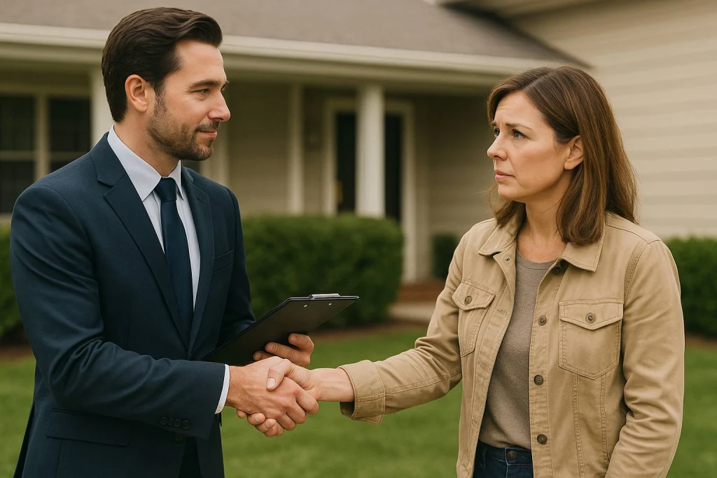 Real estate agent shaking hands with client outside a house, showing hesitation and trust issues tied to the 72 Sold lawsuit