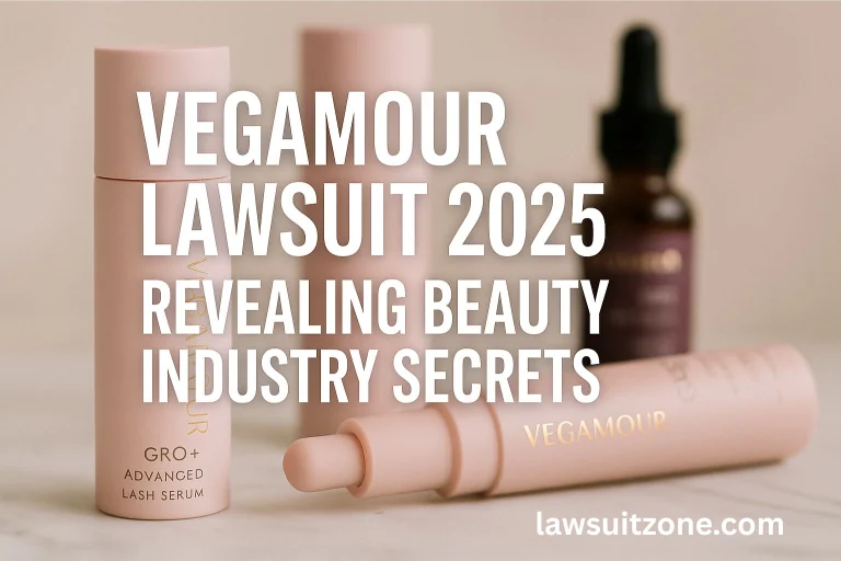 Close-up of Vegamour lash serum bottles with bold text overlay “Vegamour Lawsuit 2025: Revealing Beauty Industry Secrets,” symbolizing beauty industry controversies.