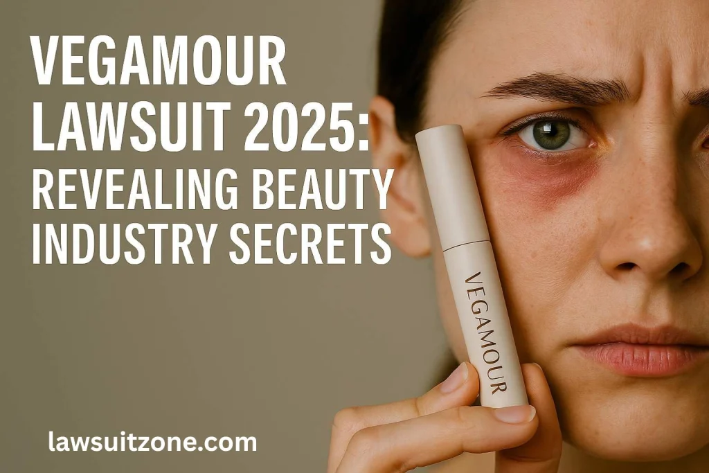Close-up of Vegamour lash serum tube with applicator, overlaid with text “Vegamour Lawsuit 2025 Revealing Beauty Industry Secrets,” representing product marketing in controversy.