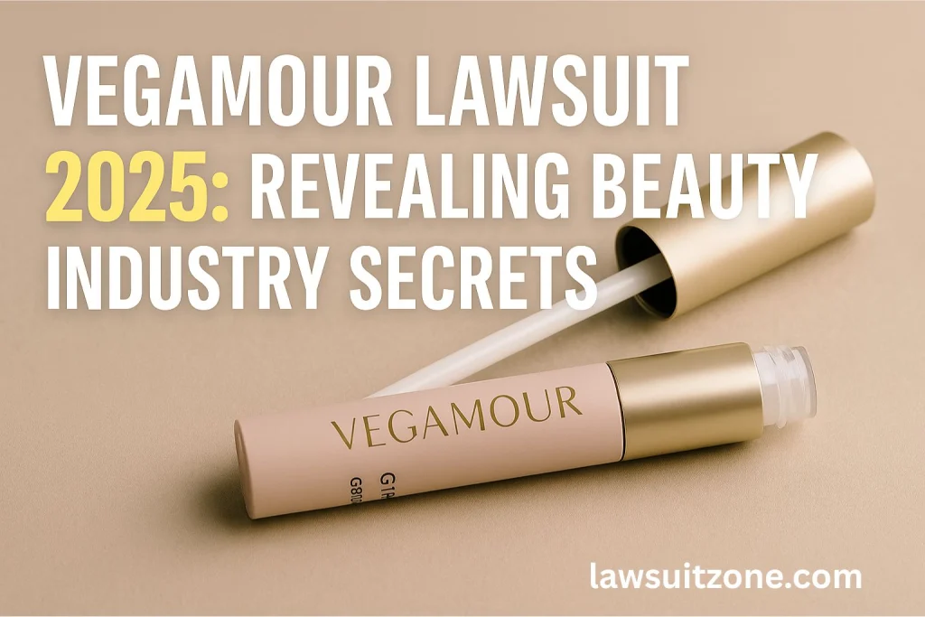 Close-up of Vegamour lash serum tube with applicator, overlaid with text “Vegamour Lawsuit 2025 Revealing Beauty Industry Secrets,” representing product marketing in controversy.