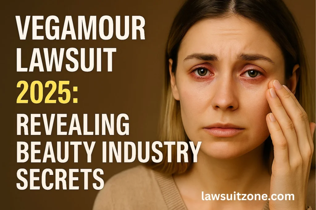 Woman with red, irritated eyes touching her face, symbolizing possible side effects linked to Vegamour products, alongside bold text “Vegamour Lawsuit 2025 Revealing Beauty Industry Secrets.