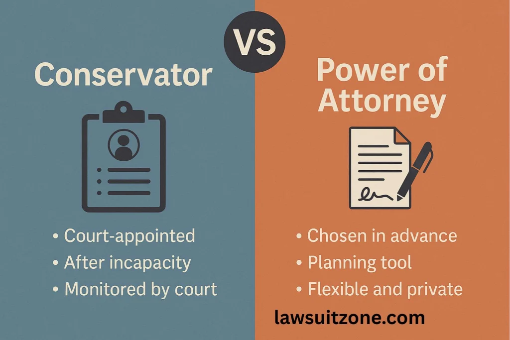 Side-by-side digital chart showing conservator as court-appointed and power of attorney as individually chosen, with pros and cons illustrated.