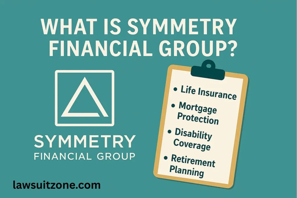 Infographic showing the Symmetry Financial Group logo and a clipboard listing its core services: life insurance, mortgage protection, disability coverage, and retirement planning.