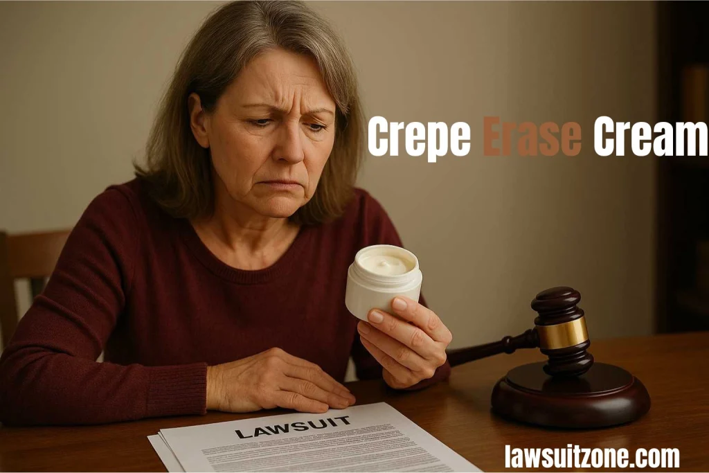 Crepe Erase lawsuit concept showing woman worried while holding skincare cream with legal papers and gavel on table.