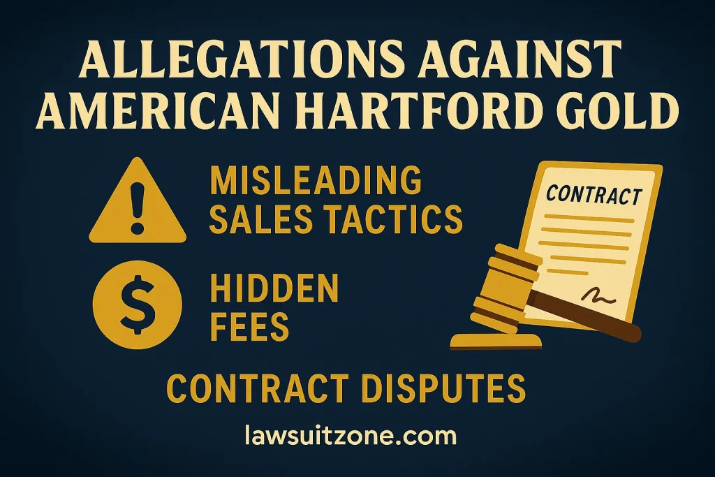 Infographic highlighting allegations against American Hartford Gold such as misleading sales tactics, hidden fees, and contract disputes, branded lawsuitzone.com.
