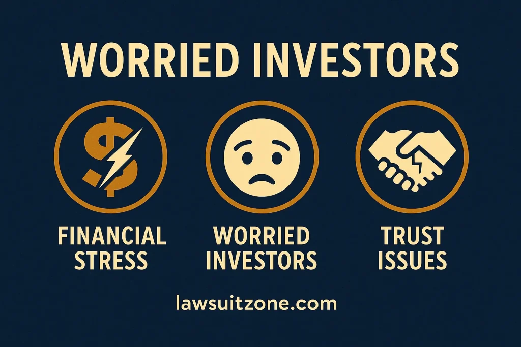 Infographic showing investor impact of the American Hartford Gold lawsuit, with icons for financial stress, worried investors, and trust issues, branded lawsuitzone.com.
