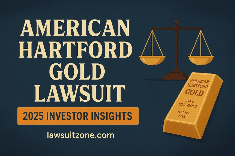 Feature graphic for American Hartford Gold lawsuit 2025 investor insights with gold bar, justice scales, and branding lawsuitzone.com.