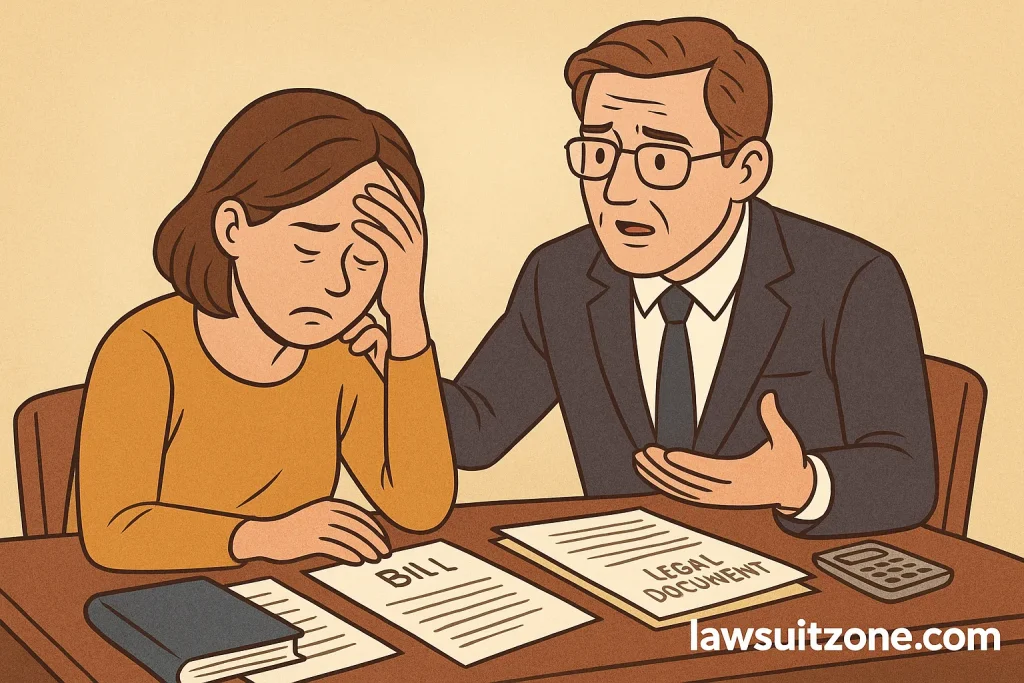Illustration showing a stressed client surrounded by bills and legal papers while an attorney provides guidance and support, branded lawsuitzone.com.
