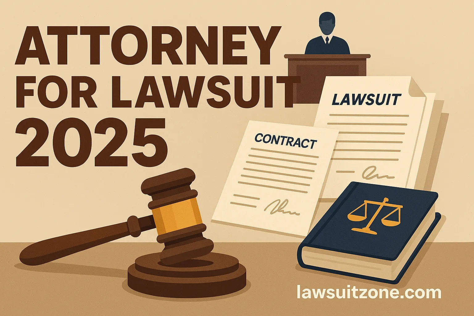 Flat design courtroom illustration with judge’s gavel, legal documents, and bold text “Attorney for Lawsuit 2025,” branded lawsuitzone.com.