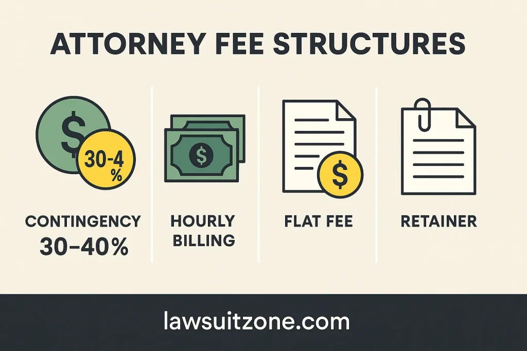 Infographic showing attorney fee structures including contingency (30–40%), hourly billing, flat fee, and retainers, branded lawsuitzone.com.