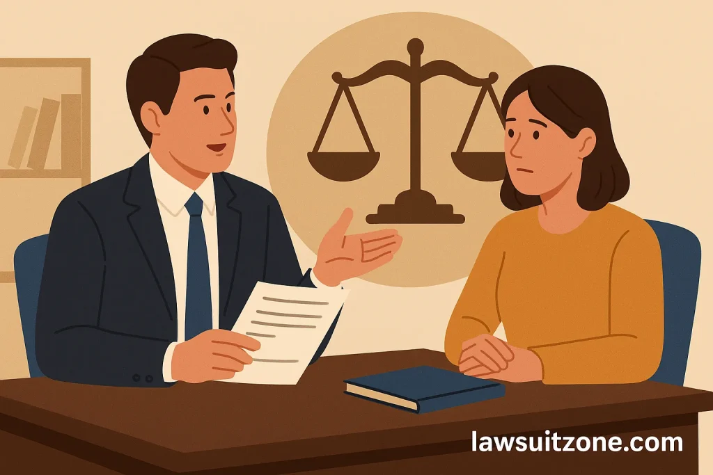 Illustration of an attorney sitting with a client, discussing legal documents with scales of justice in the background, branded lawsuitzone.com.