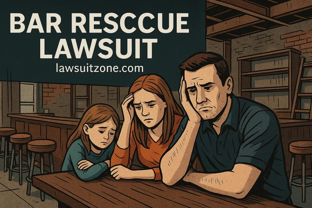 Illustration of a distressed bar-owning family sitting in an unfinished bar, showing financial strain and trust issues, branded lawsuitzone.com.
