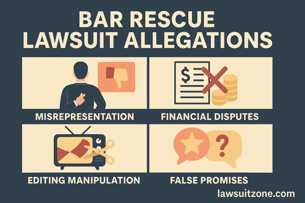 Infographic titled “Bar Rescue Lawsuit Allegations” showing four claims: misrepresentation, financial disputes, editing manipulation, and false promises, branded lawsuitzone.com.