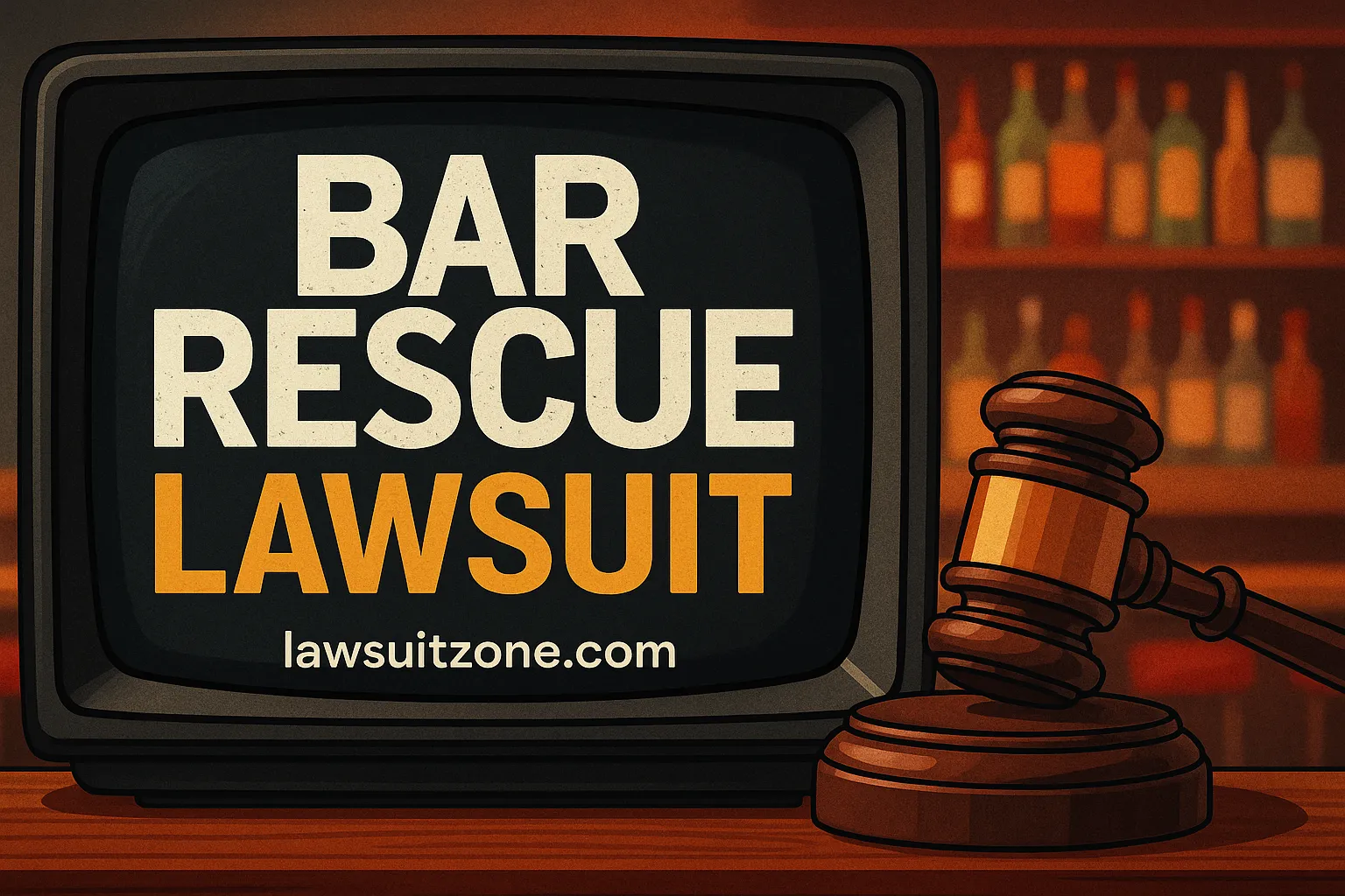Feature graphic showing a retro TV screen with “Bar Rescue Lawsuit” text, a wooden gavel, and a bar background, branded lawsuitzone.com.