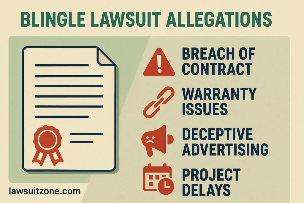 Infographic titled “Blingle Lawsuit Allegations” showing breach of contract, warranty issues, deceptive advertising, and project delays, branded lawsuitzone.com.