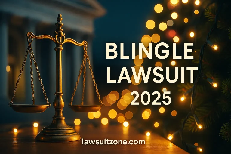Feature image for Blingle lawsuit 2025 showing justice scales, glowing holiday lights, and branding lawsuitzone.com.