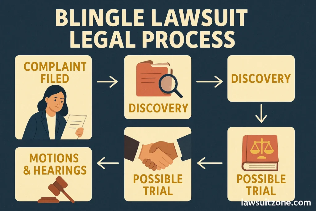 Infographic titled “Blingle Lawsuit Legal Process” showing steps such as complaint filed, discovery, motions & hearings, settlement, and possible trial, branded lawsuitzone.com.