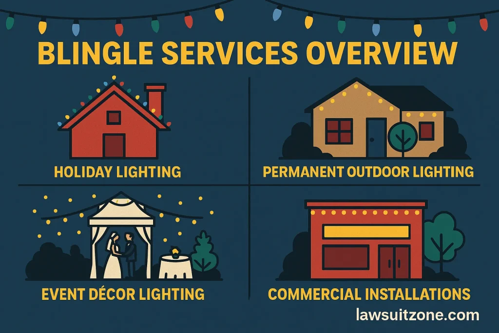 Infographic titled “Blingle Services Overview” showing four key services: holiday lighting, permanent outdoor lighting, event décor lighting, and commercial installations, branded lawsuitzone.com.